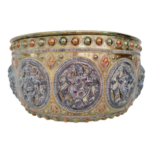 Antique 19th Century Thanjavur Tri-Metal Bowl - Hand-Hammered Silver and Copper on Brass - Tanjore South Indian Art