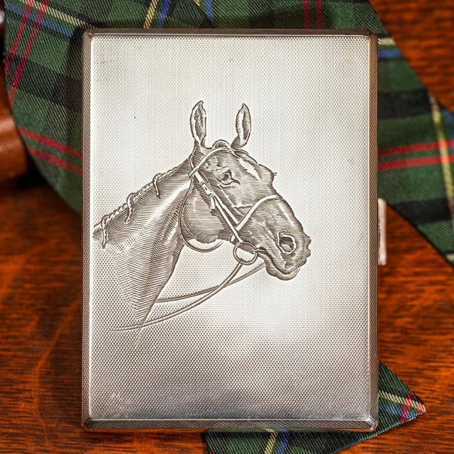 Exceptional Engraved Horse Equestrian Engine Turned Pattern Antique Sterling Silver Cigarette Card Case For Sale - Image 10 of 13