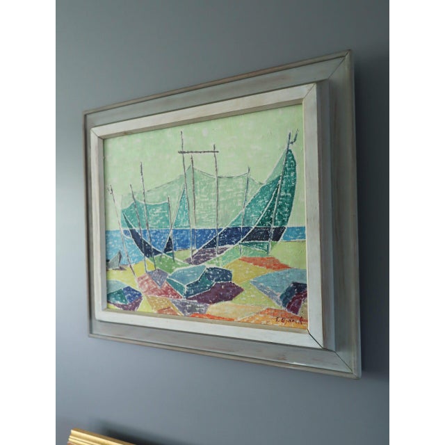 Mid-Century Modern 'Shoreline Colour' Vintage Original Abstract Coastal Landscape Oil Painting, Framed For Sale - Image 4 of 12