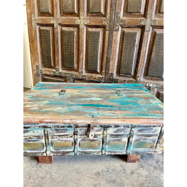 Wood Rustic Vintage Chest Wedding Trunk With Blue Patina For Sale - Image 7 of 7
