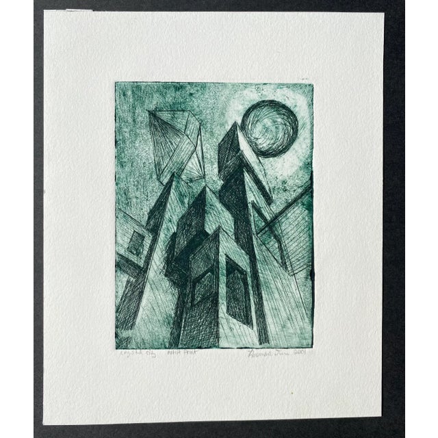 Color etching on paper, signed illegibly and titled "Crystal City."