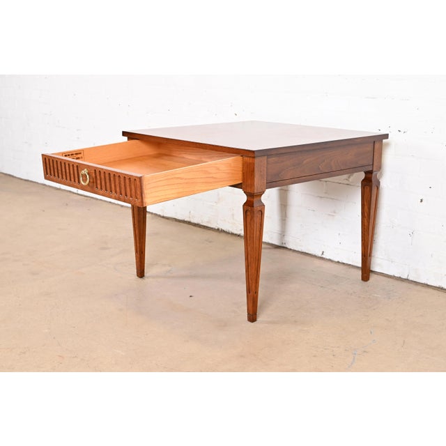 1960s Baker Furniture French Regency Louis XVI Carved Walnut Tea Table or Occasional Side Table, Newly Refinished For Sale - Image 5 of 12