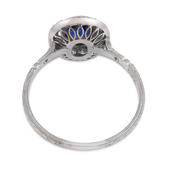 Early 20th Century Art Deco Inspired Sapphire Diamond Cluster Platinum Ring, Size 7.5 For Sale In Los Angeles - Image 6 of 6