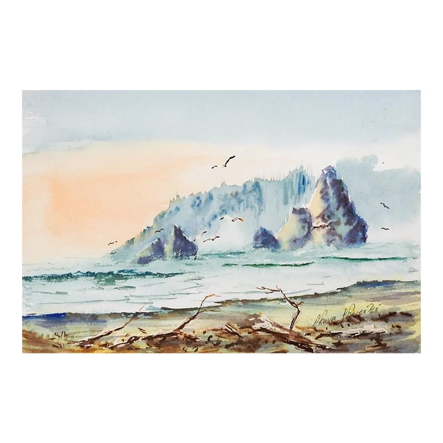 Vintage 1996 Rocky Coast and Beach Watercolor Painting For Sale