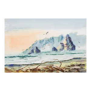 Vintage 1996 Rocky Coast and Beach Watercolor Painting