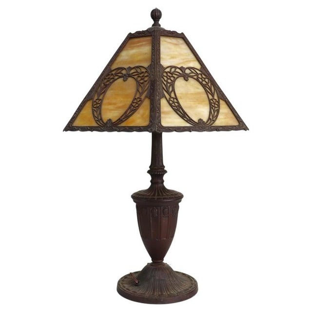 Arts & Crafts Bradley & Hubbard Style 6-Panel Slag Glass Lamp Unsigned C1920 For Sale - Image 9 of 11