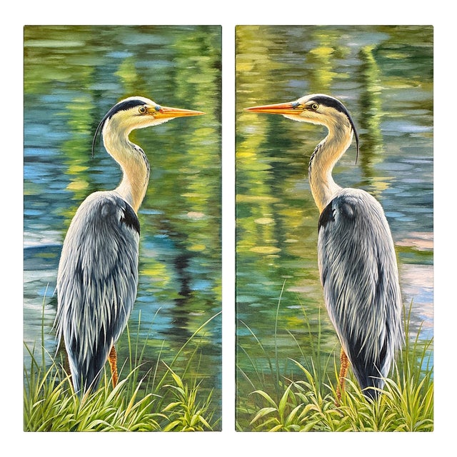 Great Blue Heron Coastal Paintings on Canvas – Pair 18 X 24" Each For Sale