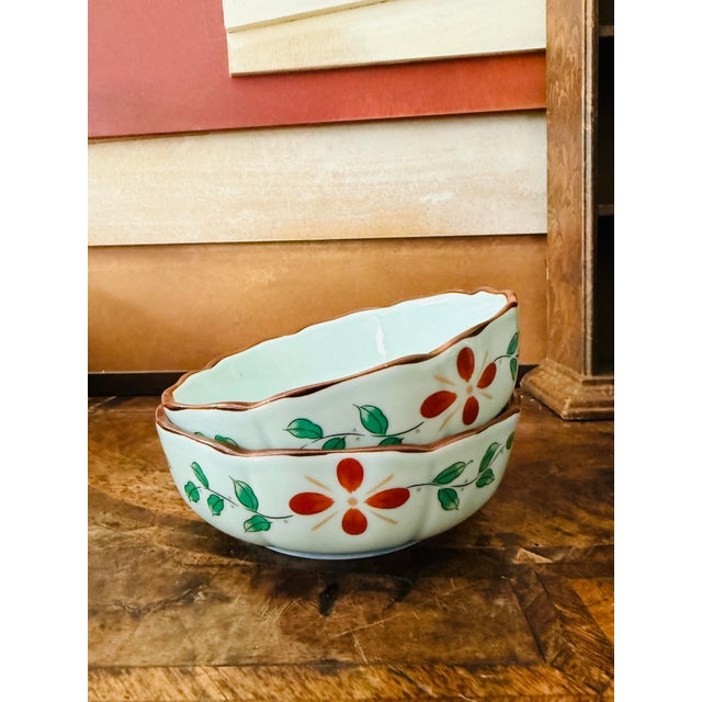 Japanese Vintage Celadon 6” Bowls Hand Painted - A Pair For Sale - Image 3 of 9