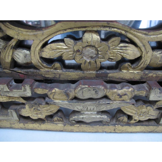 19th Century Antique Chinese Carved Lotus Flower Gilt Wood Wall Hanging Mirror For Sale - Image 5 of 11