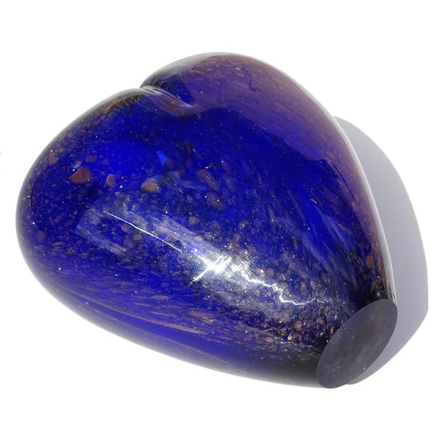 Glass Heart Shape Flower Vase Studio Art Glass Sapphire Blue With Glittery Copper Aventurine Flecks For Sale - Image 7 of 7
