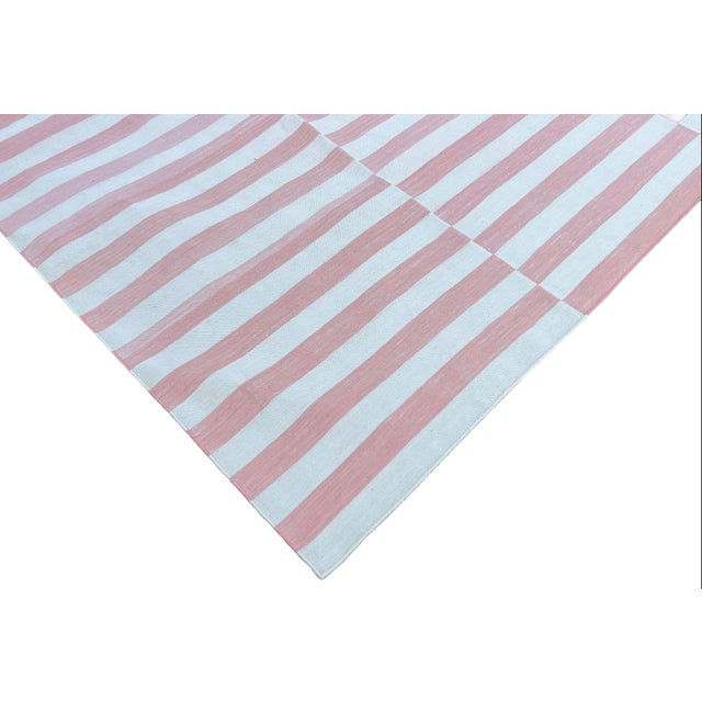 Handwoven Cotton Area Rug, Vegetable Dyed, Pink and Cream Striped Dhurrie - 6'x9' For Sale - Image 6 of 10