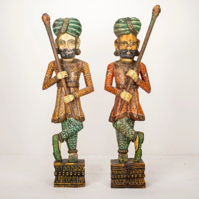 Antique Large Solid Wood Rajasthani Royal Guard Gatekeeper Figurines - a Pair For Sale - Image 13 of 13