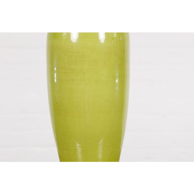 Early 21st Century Artisan Handmade Lime Green Glazed Ceramic Vase with Brown Neck For Sale - Image 9 of 12