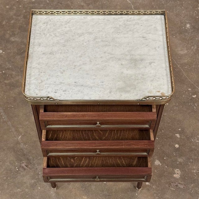 Antique French Louis XVI Mahogany Bedside Table With Carrara Marble and Brass Gallery For Sale - Image 14 of 15