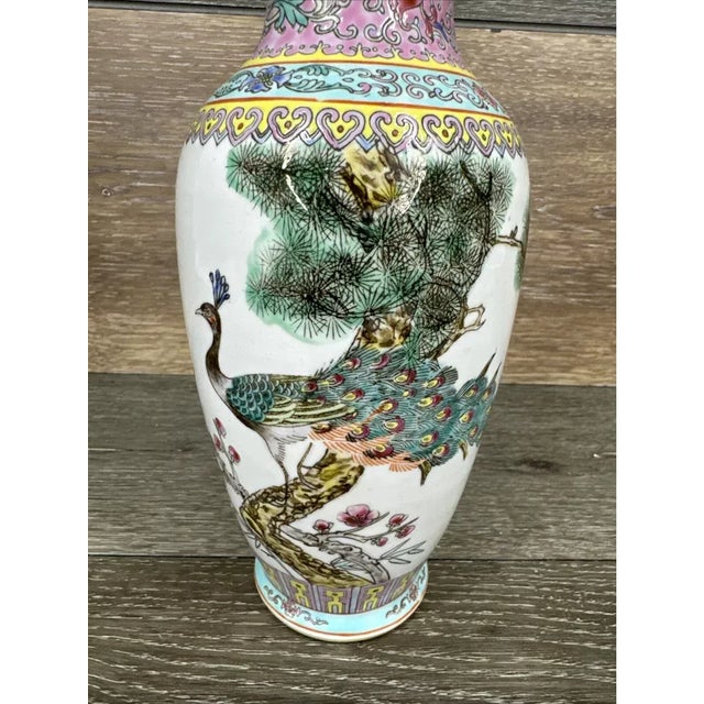 Vintage MCM Chinese Porcelain Famille Peacock Vase For Sale In Phoenix - Image 6 of 8