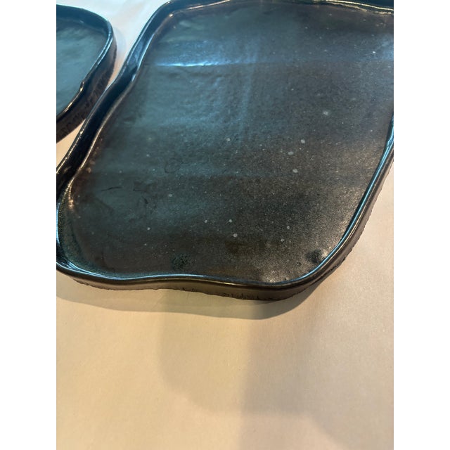 1990s Wabi-Sabi Style Organic Glazed Ceramic Display Slabs – Graduated Sculptural Pair For Sale - Image 10 of 11