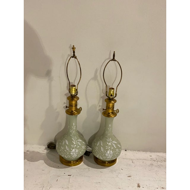 1940s French Green Glass Table Lamps With Flowers Design - Pair For Sale - Image 4 of 7