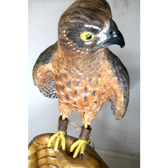 American Harrier Hawk & Gloved Handler 2003 – Carved Wooden Sculpture Signed Bradford King For Sale - Image 15 of 16