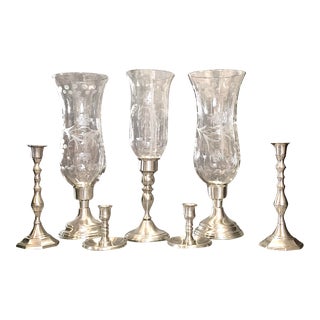 Pewter Candle Holders and Hurricane Holders - 7 Pieces For Sale
