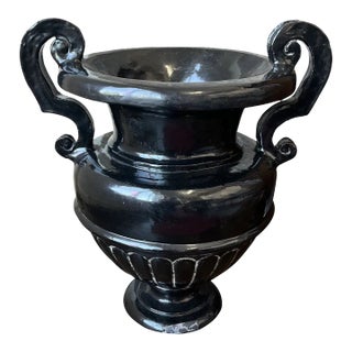 1990s Large Italian Hand-Painted Black Ceramic Urn With Handles For Sale