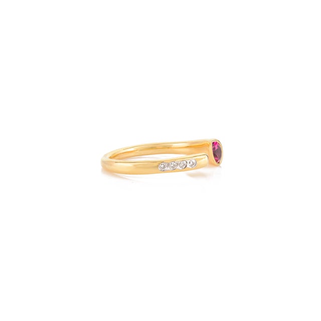 Metal Modernist Pear Cut Ruby Diamond Open Ring in 14k Solid Yellow Gold Size 7 For Sale - Image 7 of 8