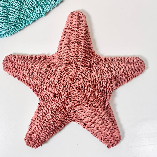 1980s Vintage Coastal Boho Chic Wicker Clam Shell & Starfish Sculptural Wall Objects - A Pair. For Sale - Image 4 of 7