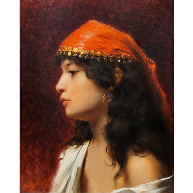 Realism Willy Martens -Portrait of an Ottoman Concubine Wearing a Red Bandana-19th Century Orientalist Oil Painting For Sale - Image 3 of 11