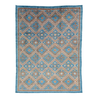 Modern Moroccan Style Hand-Knotted Wool Area Rug in Sky Blue and Terracotta For Sale