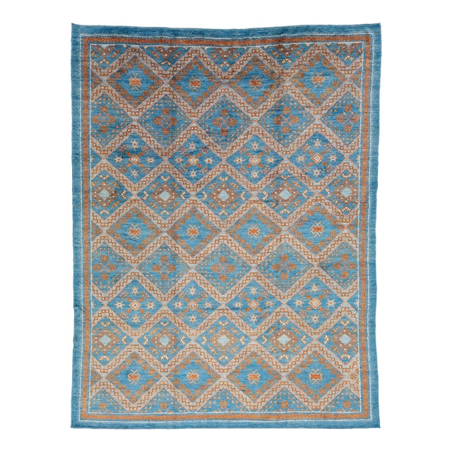 Modern Moroccan Style Hand-Knotted Wool Area Rug in Sky Blue and Terracotta For Sale
