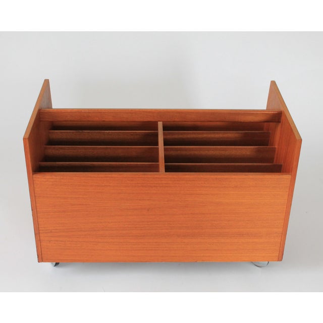1960's Teak Magazine Rack by Rolf Hesland for Bruksbo Mid-century teak record or magazine storage cart. Made in Norway....
