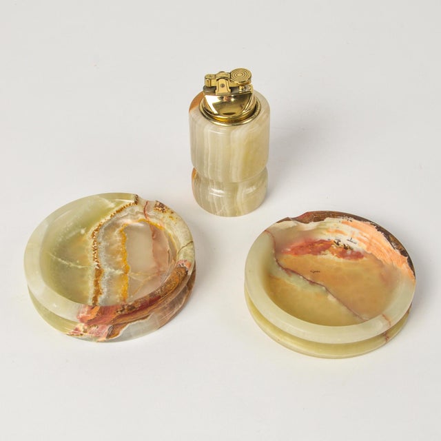 Mid-Century Modern Mid-20th Century Smoking Set Onyx Table Lighter and Two Ashtrays For Sale - Image 3 of 11