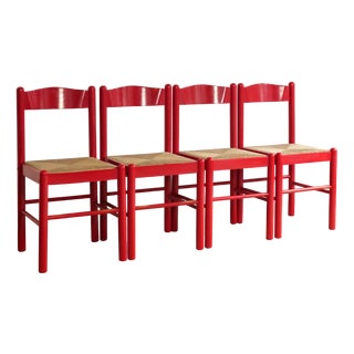 Red Lacquered Wooden Chairs with Braided Rope Seats, 1980s, Set of 4 For Sale
