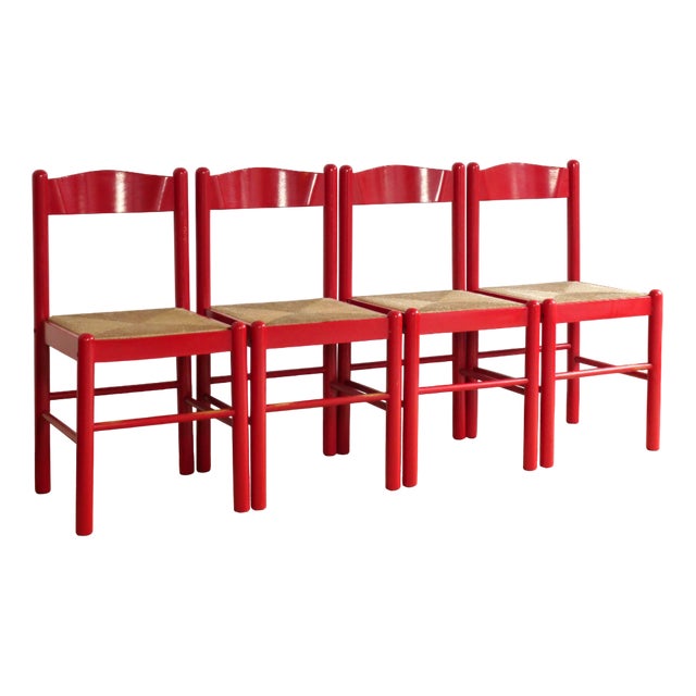 Red Lacquered Wooden Chairs with Braided Rope Seats, 1980s, Set of 4 For Sale