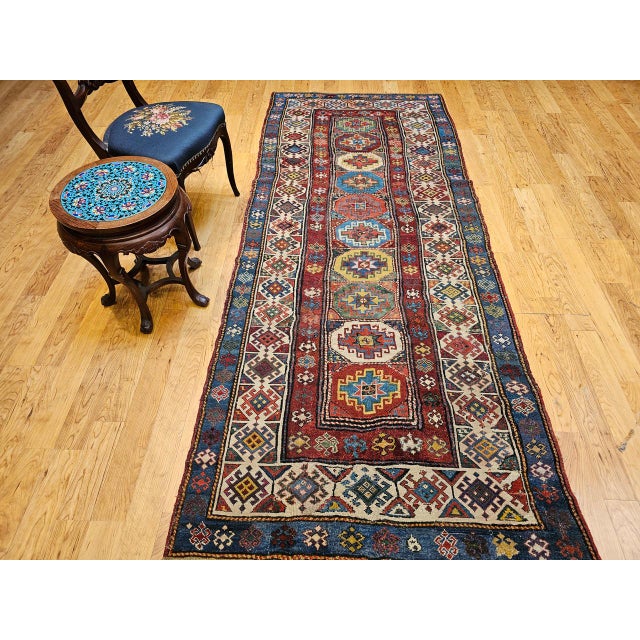 Antique Caucasian Kazak Runner, Handwoven Wool, Medallion Geometric Design, 4' x 10' For Sale - Image 9 of 18