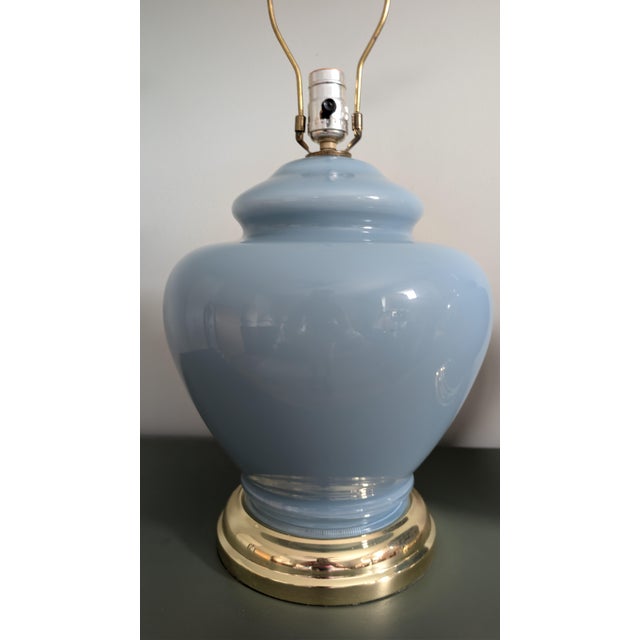 1980s Vintage Powder Blue Ginger Jar Table Lamps, Pair of 2 With Brass-Tone Bases For Sale - Image 5 of 10