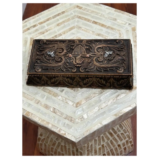 Brown Ooak Antique Spanish Wood Box/Added Coral/Sterling Bats For Sale - Image 8 of 16