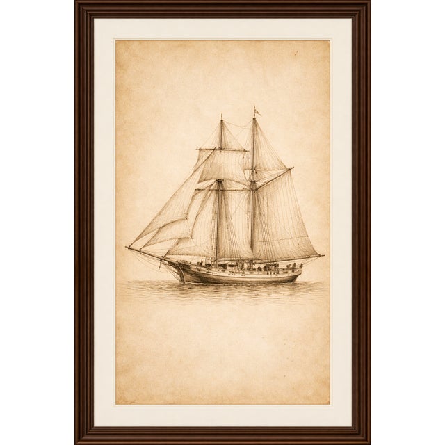 Minimalist nautical artwork featuring a finely detailed schooner sail study with intricate rigging, delicate ink linework,...
