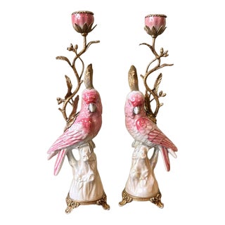 Pink Parrot Candlesticks in Porcelain and Bronze by WL 1895, Set of 2 For Sale
