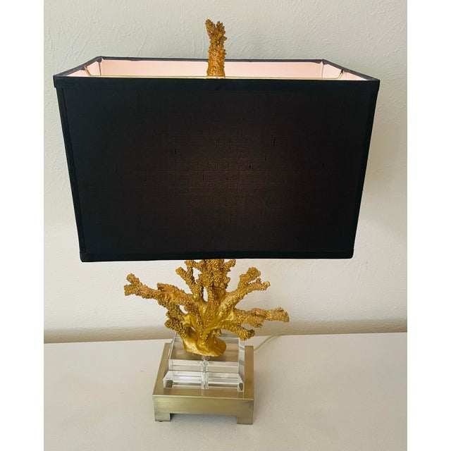 Modern Hollywood Regency Gilt Gold Coral Table Lamp With Black Shade For Sale - Image 3 of 9