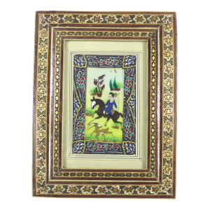 Vintage Miniature Hunting Painting in Persian Khatam Picture Frame With Bone, Wood and Brass Inlay, Table Top Easel Inlaid