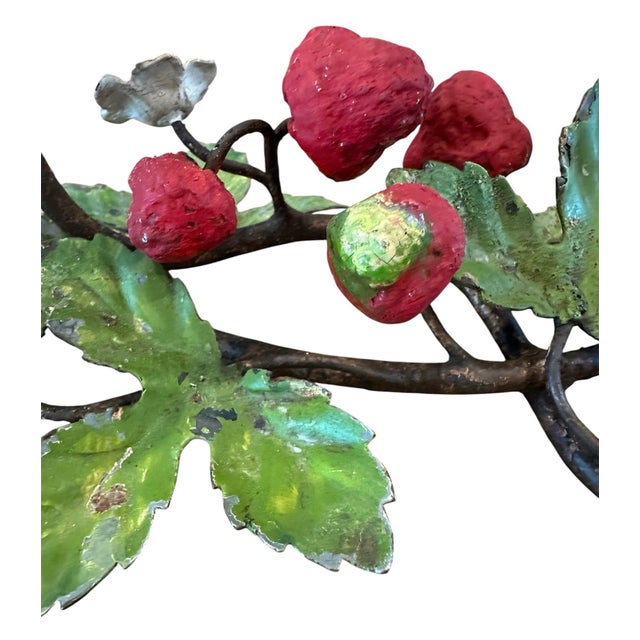English Vintage Italian Hand Painted Tole Strawberry Candle Holders / Botanical Floral Candlesticks, a Pair For Sale - Image 3 of 9