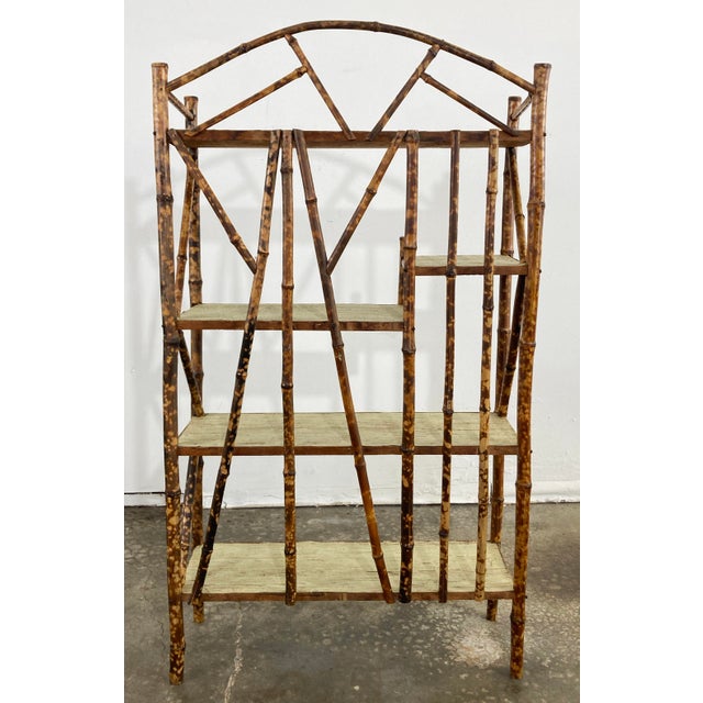 Vintage Scorched Bamboo Tiered Bookshelf With Grasscloth Shelf Liner For Sale In Kansas City - Image 6 of 8