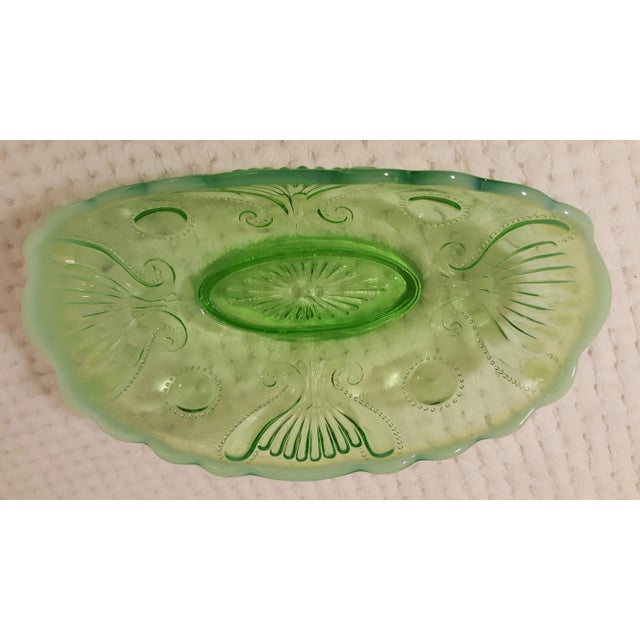 Jefferson Glass Green Opalescent Jewel And Fan Banana Boat For Sale - Image 4 of 5