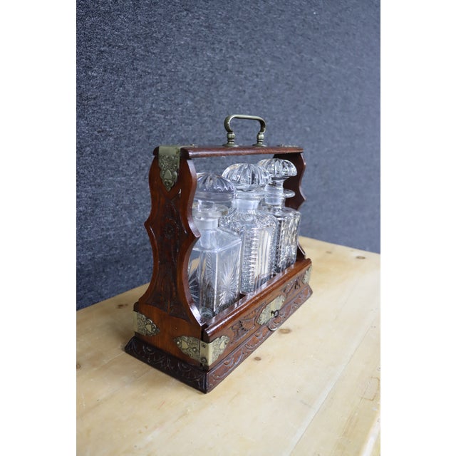 English Antique English Oak & Brass Tantalus Decanter Set For Sale - Image 3 of 9