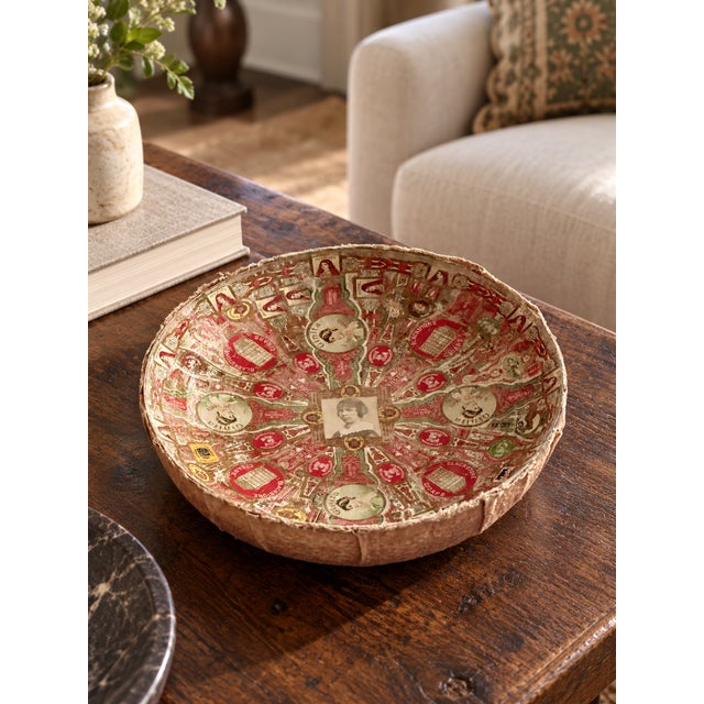 Antique Folk Art Cigar Band Découpage Bowl With Central Portrait For Sale - Image 11 of 11
