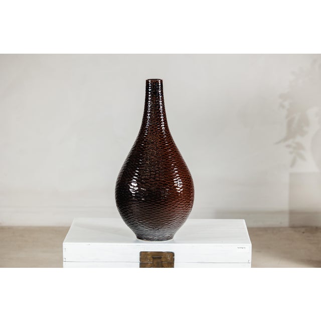 Large Deep Mahogany Brown Artisan Ceramic Vase with Honeycomb Texture For Sale - Image 13 of 18