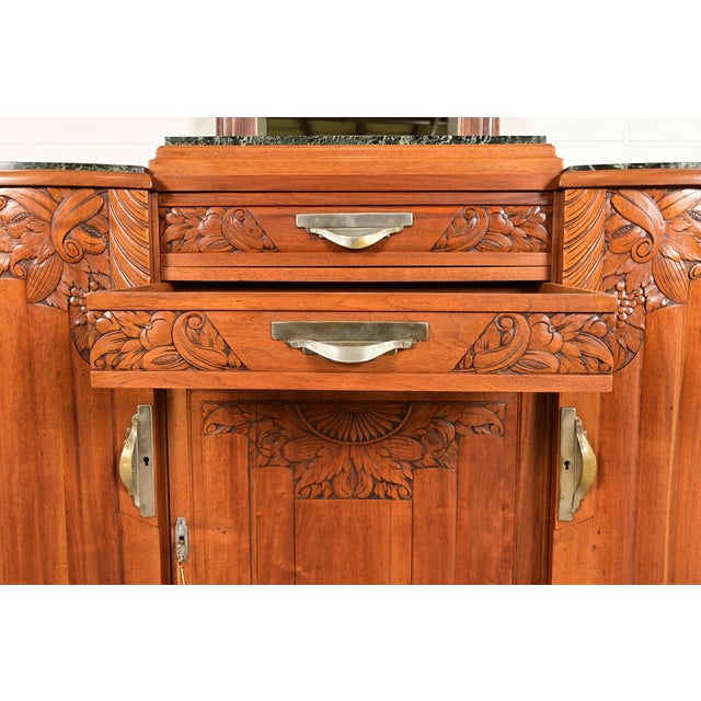 French Art Deco Carved Walnut Marble Top Sideboard or Bar Cabinet, Circa 1930s For Sale In South Bend - Image 6 of 13