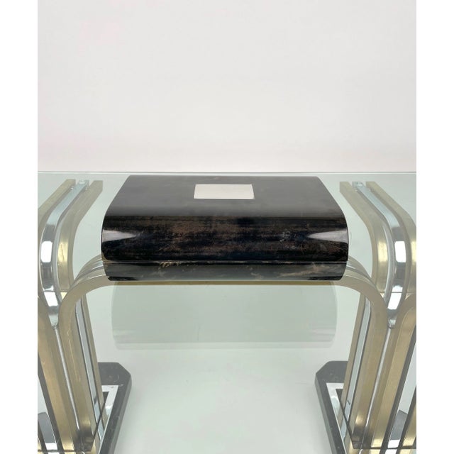 1970s Rectangular goatskin box with wooden interior by the Italian designer Tommaso Barbi. The original label is still...