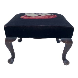 Antique Ottoman With Needlepoint Sitting Cat Detail For Sale