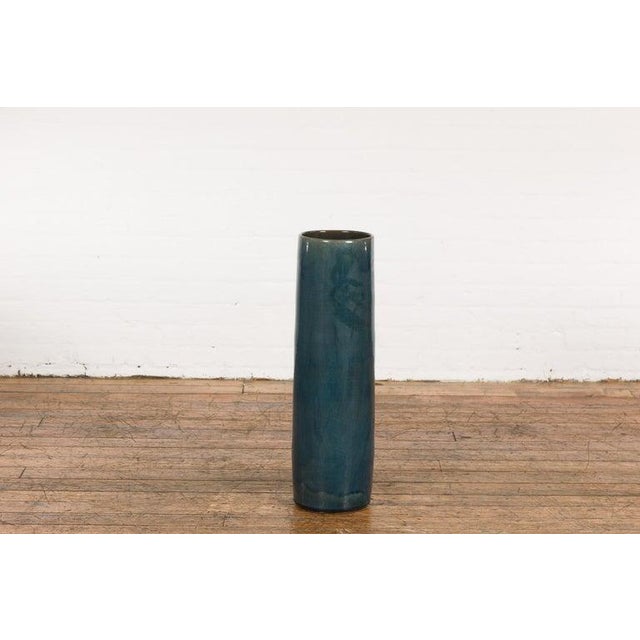 Artisan Made Prem Collection Blue Floor Ceramic Vase with Screen Patterns For Sale - Image 4 of 12